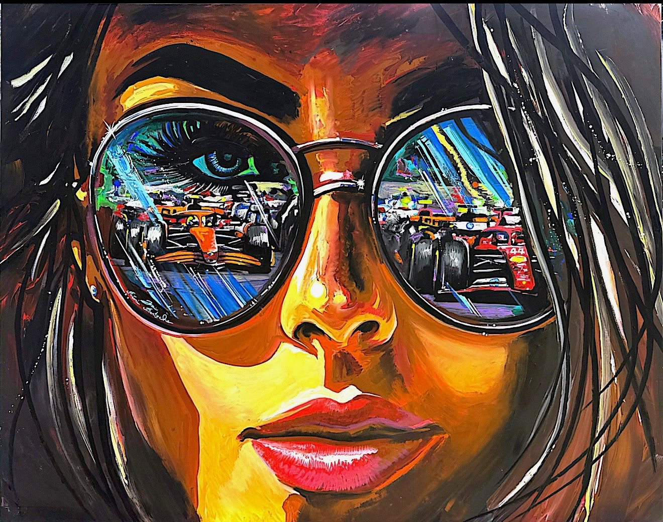 Woman Watching F1 Race Seen Through Eyeglasses Painting
