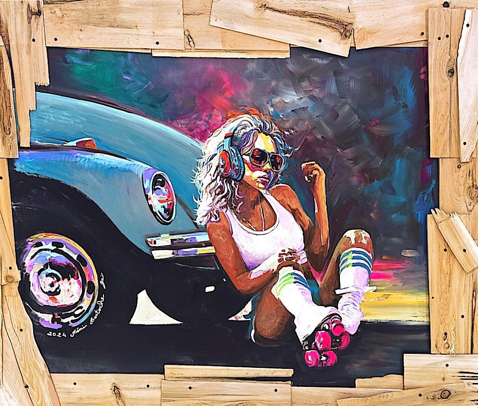 RollerBlader Woman Sitting In Front Of VW Beetle Painting